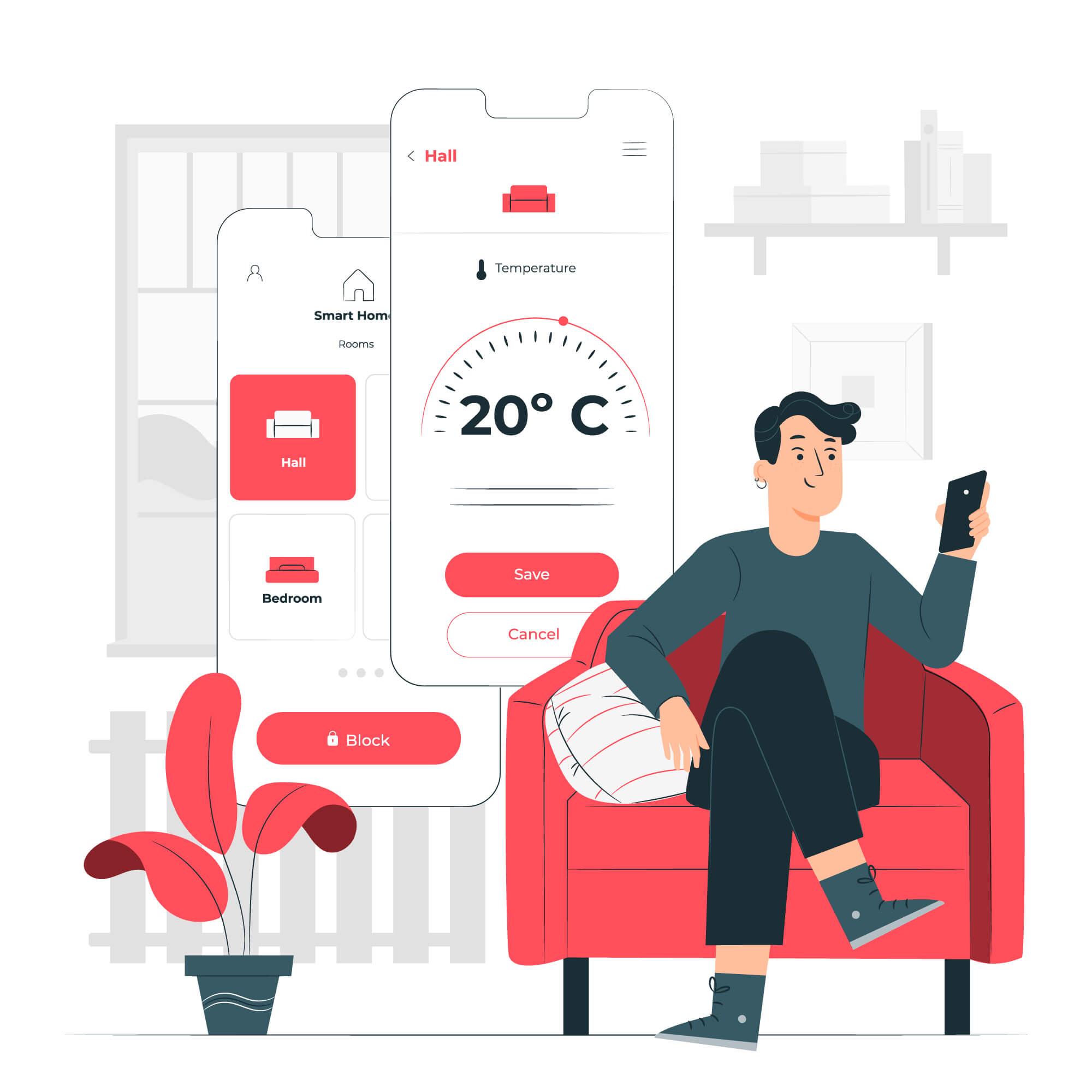 Una persona controlando la temperatura de la habitación desde su Smart phone.